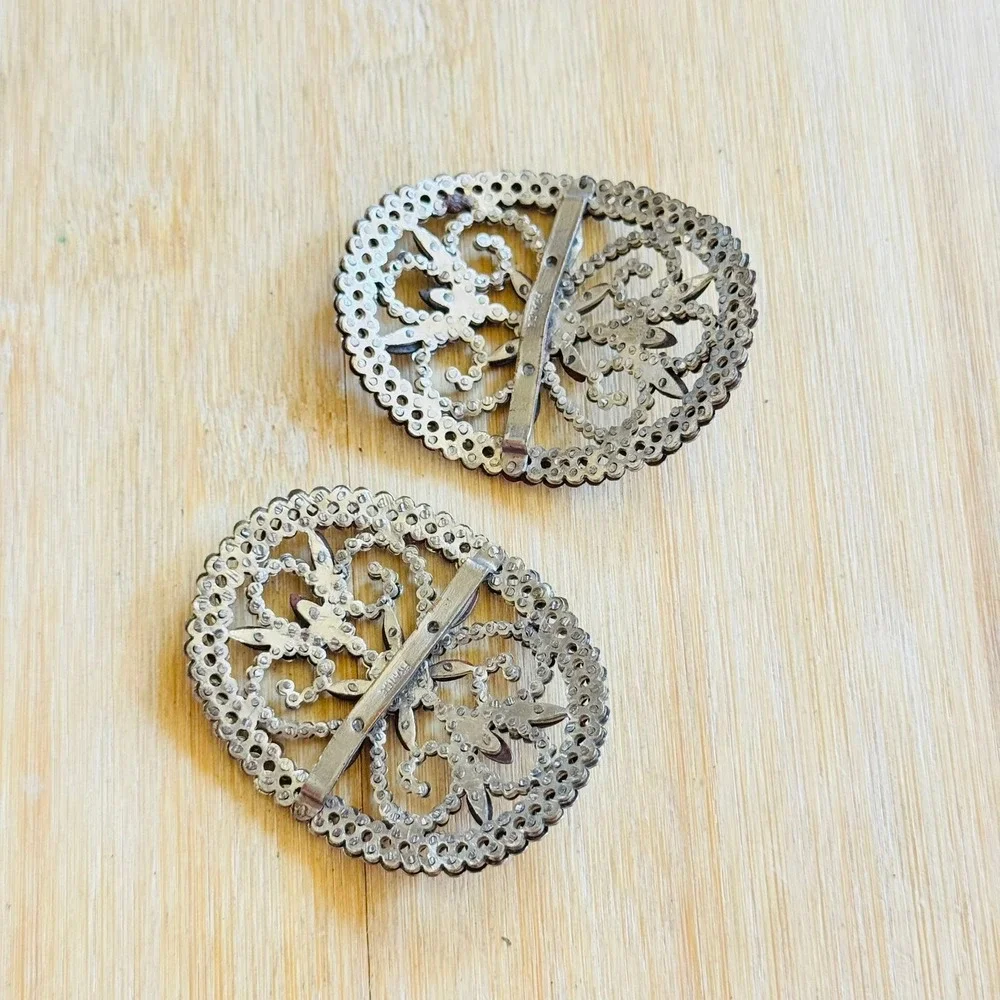 VTG Victorian Antique Pair Steel Cut Sash Shoe Buckle Made In France Lattice